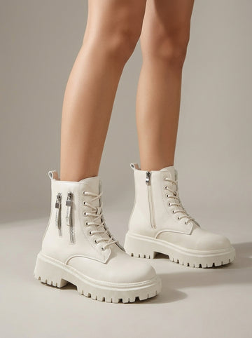 Women's Platform Boots Lace-Up Ankle Zipper Lug Sole