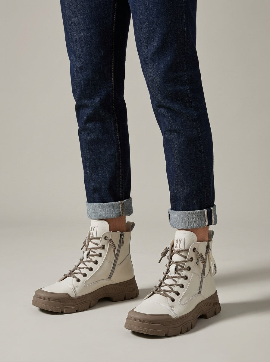 Women's Platform Boots Ankle High-Top Lace-Up Side Zip Chunky Sole