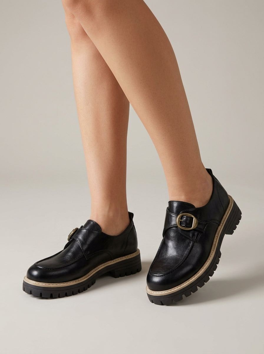 Women's Loafers - Slip-On - Buckle Detail - Lug Sole - Penny Loafers
