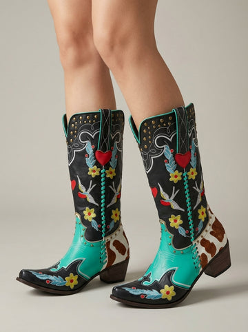 Women's Knee High Boots - Embroidered Block Heel Western Style