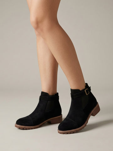 Women's Ankle Boots Chelsea Buckle Strap Suede Block Heel