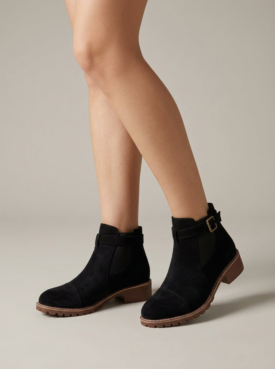 Women's Ankle Boots Chelsea Buckle Strap Suede Block Heel