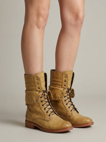 Women’s Vintage Lace Up Combat Boots Fold Over Cuff