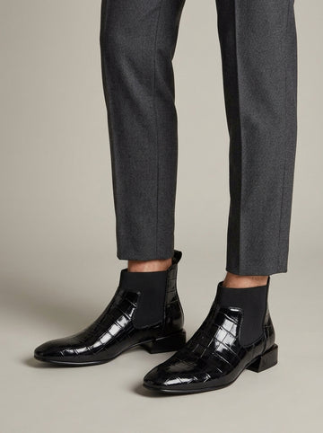 Men’s Croc Embossed Patent Chelsea Boots with Square Toe, Elastic Gusset and Pull Tab
