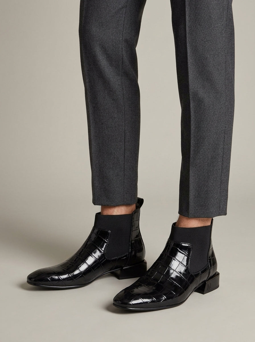 Men’s Croc Embossed Patent Chelsea Boots with Square Toe, Elastic Gusset and Pull Tab