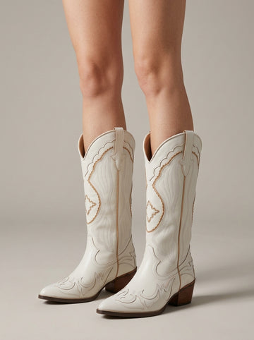 Women's Western Cowboy Boots with Embroidered Shaft and Pointed Toe