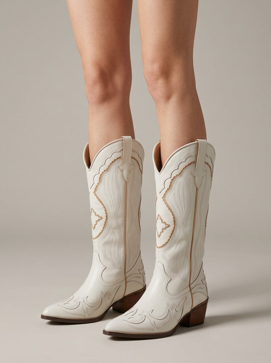 Women's Western Cowboy Boots with Embroidered Shaft and Pointed Toe