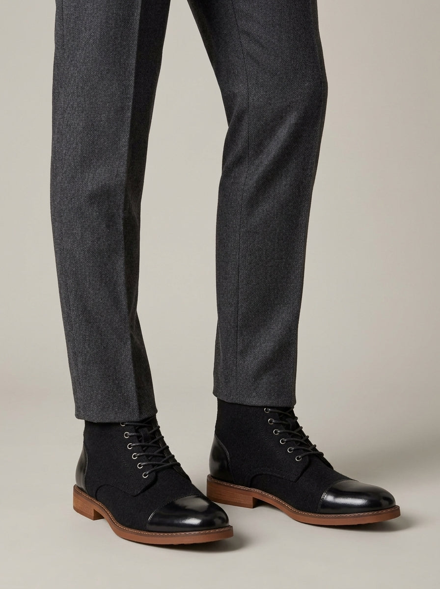 Men's Boots Lace-Up Cap Toe Ankle Wool-Blend Leather Heel Panel
