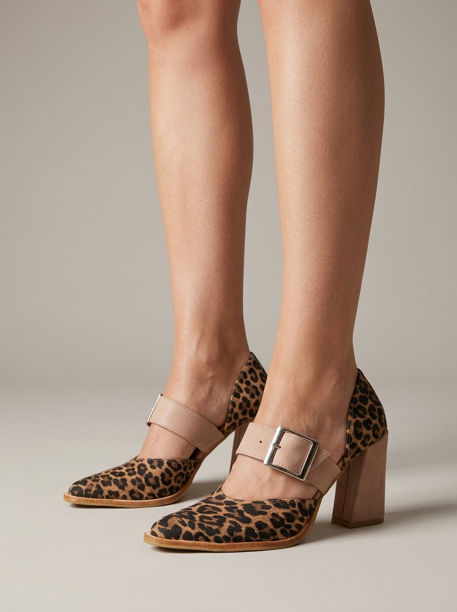 Women's Block Heels - Leopard Print - Buckle Strap - Closed Toe