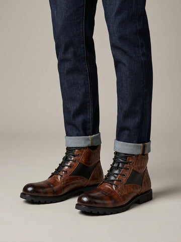 Men's Boots Croc-Embossed Lace-Up Ankle Lugged Sole