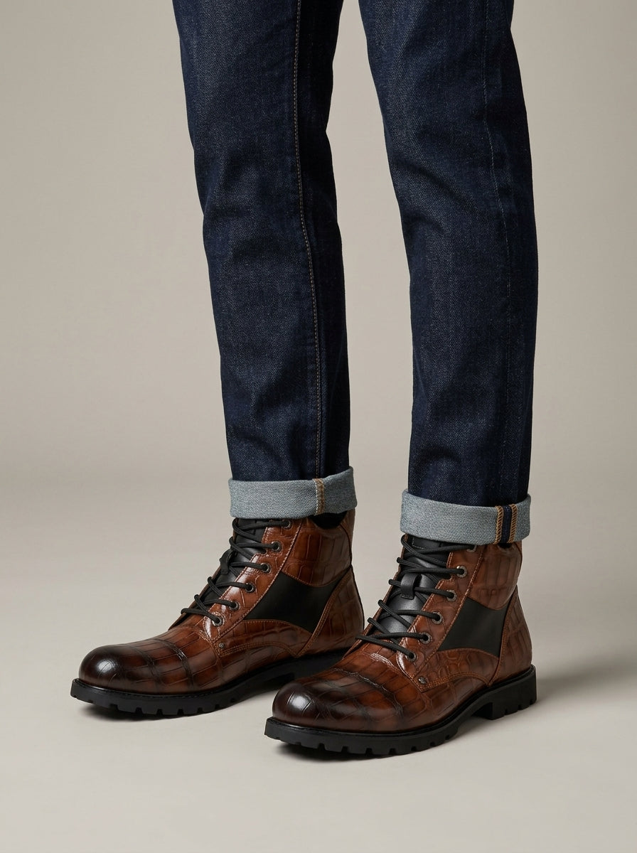 Men's Boots Croc-Embossed Lace-Up Ankle Lugged Sole