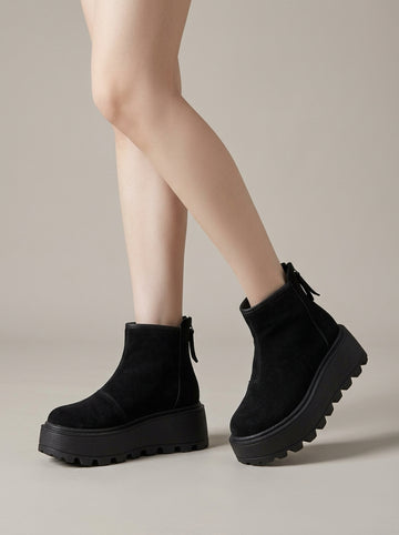 Women's Platform Boots Suede Ankle Chelsea Zip Back Tab