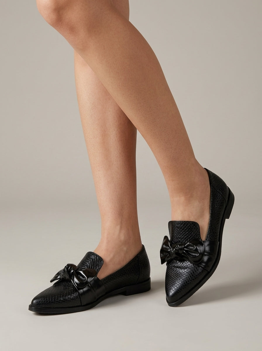 Women's Loafers Pointed Toe Bow Detail Textured Block Heel Flats
