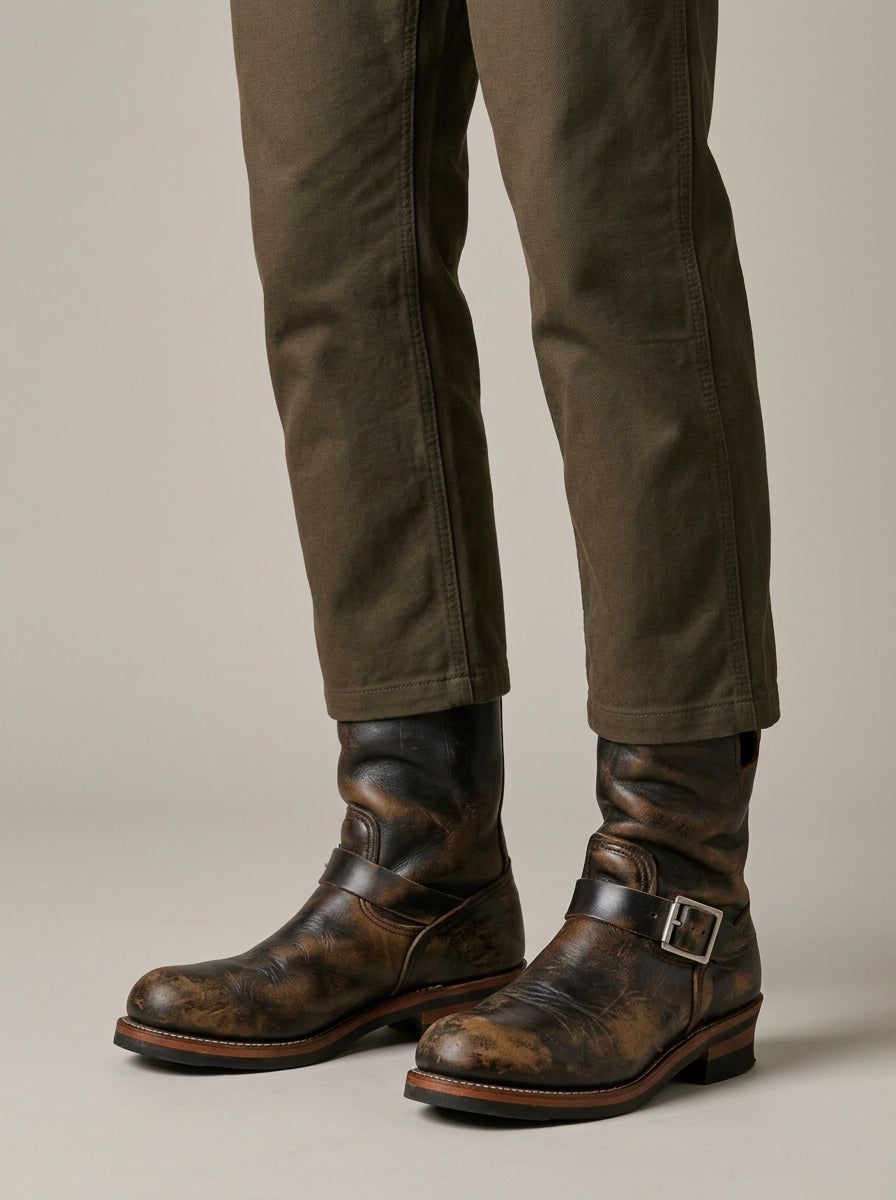 Men's Boots Mid-Calf Double Buckle Leather Low Heel Round Toe
