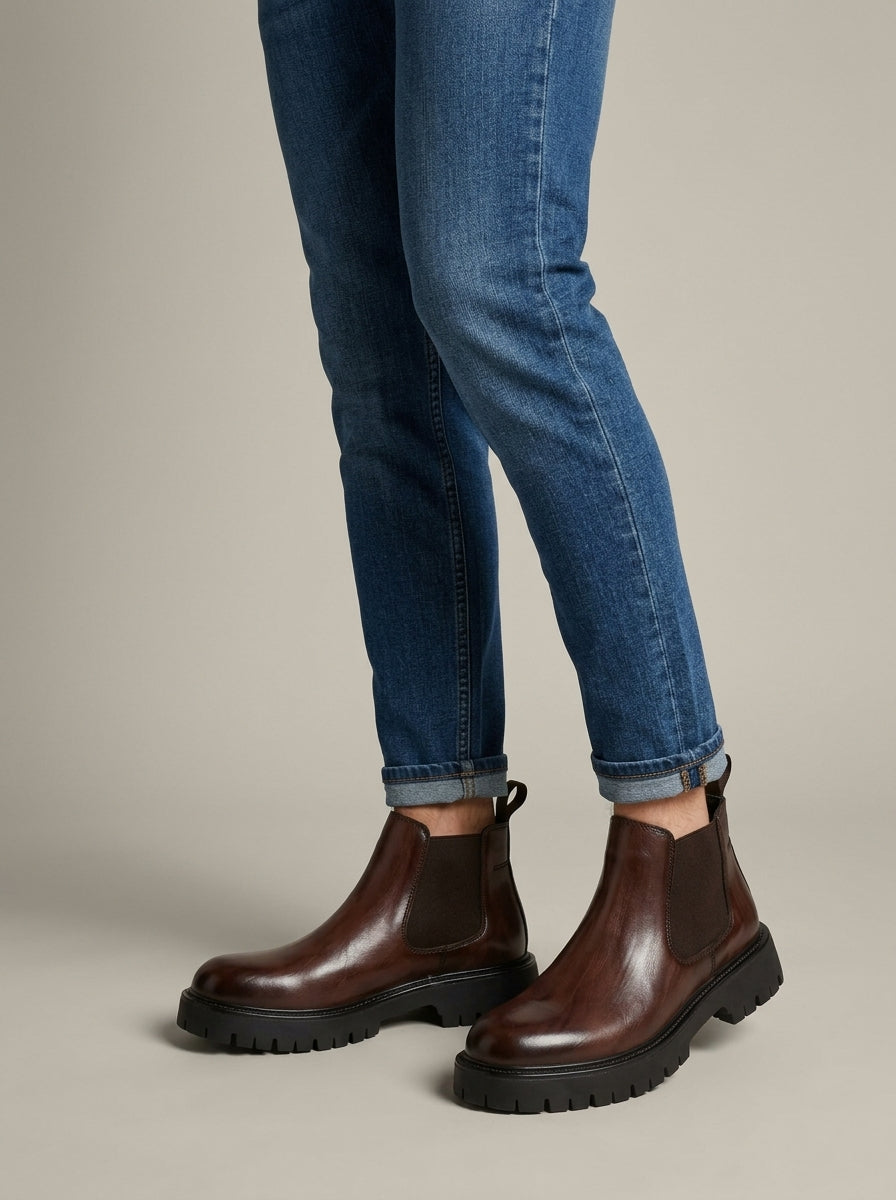 Men's Leather Chelsea Boots - Ankle Elastic Gore Platform