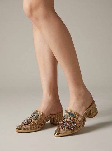 Women's Block Heels Pointed Toe Crystal Cherry Embellished Mules
