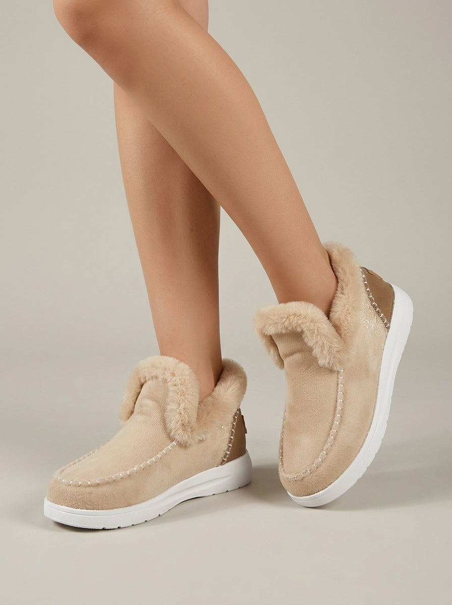 Women's Fur-Trim Ankle Boots with Moc-Toe Stitching and Flat Sole