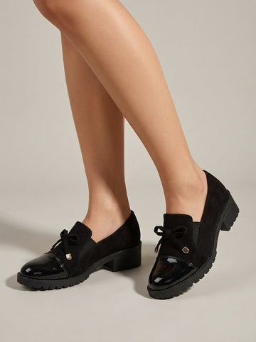 Women's Penny Loafers Block Heel Bow Detail Patent Cap Toe