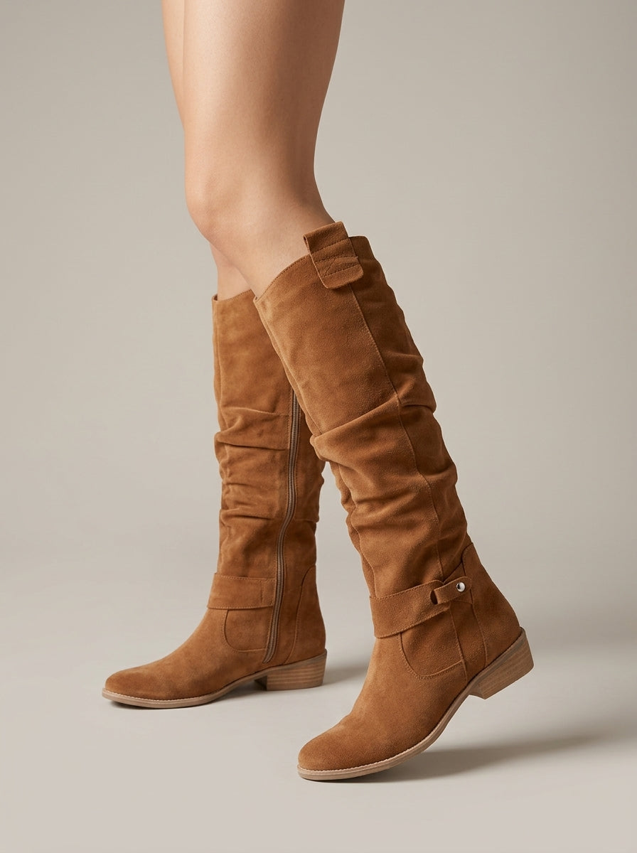Women's Knee High Boots - Slouchy Shaft - Low Block Heel