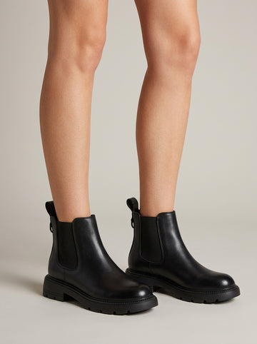 Women's Leather Ankle Boots Chelsea Elastic Gore Low Heel Lug Sole