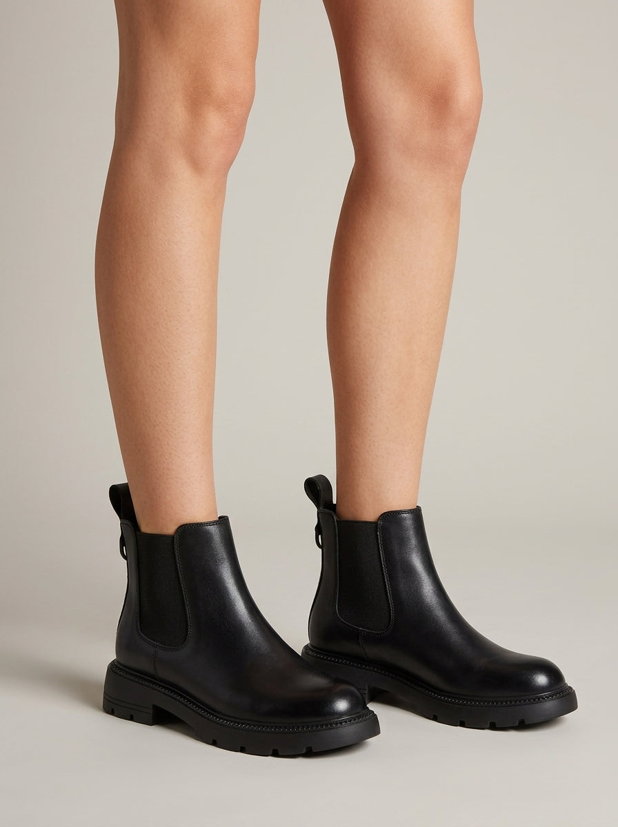 Women's Leather Ankle Boots Chelsea Elastic Gore Low Heel Lug Sole