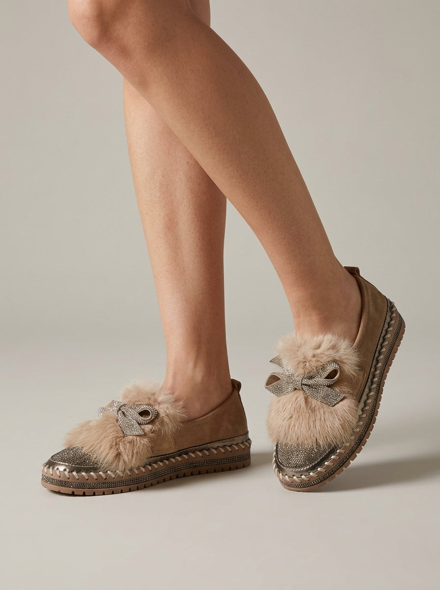 Women's Round Toe Flats with Fur Trim Bow and Rhinestone Detail