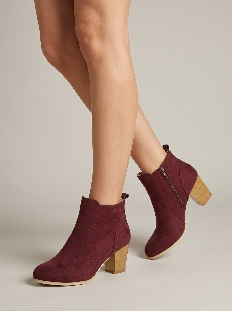 Women's Ankle Boots Block Heel Side Zip Suede