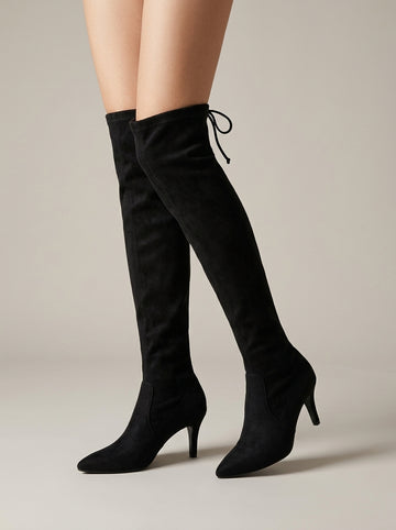 Women's Knee High Boots Pointed Toe Stiletto Heel Drawstring