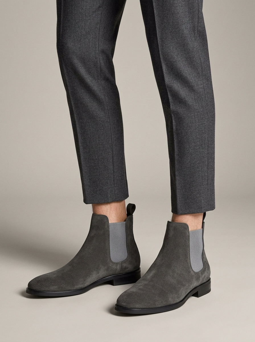 Men's Chelsea Boots Suede Ankle Low Heel Elastic Gusset Pull-On