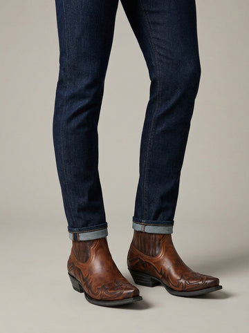 Men's Pointed Toe Western Ankle Boots with Stitched Overlay Detail