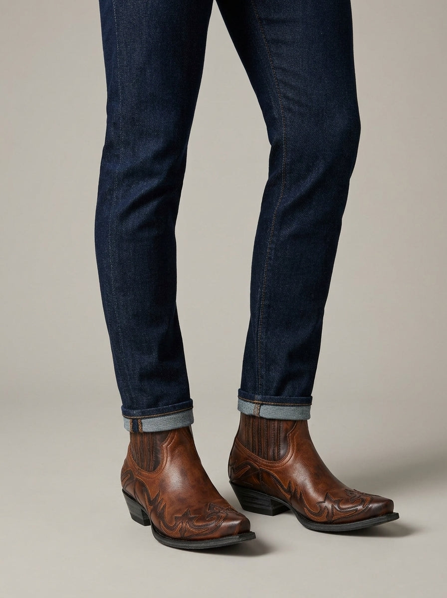Men's Pointed Toe Western Ankle Boots with Stitched Overlay Detail