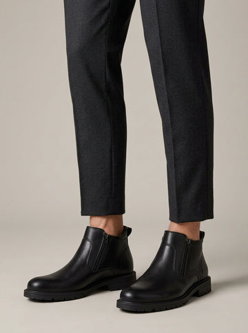 Men's Leather Ankle Boots - Side Zipper - Low Block Heel - Lug Sole