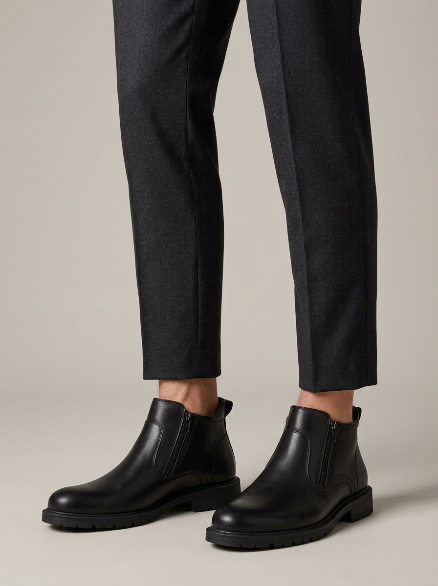 Men's Leather Ankle Boots - Side Zipper - Low Block Heel - Lug Sole