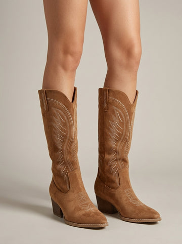 Women's Knee-High Boots Western Embroidered Pointed Toe Block Heel