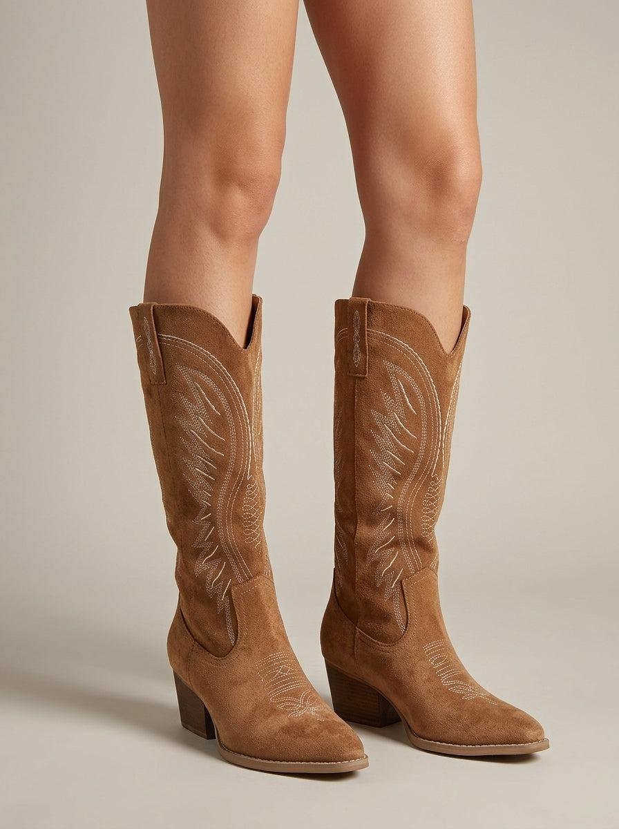 Women's Knee-High Boots Western Embroidered Pointed Toe Block Heel