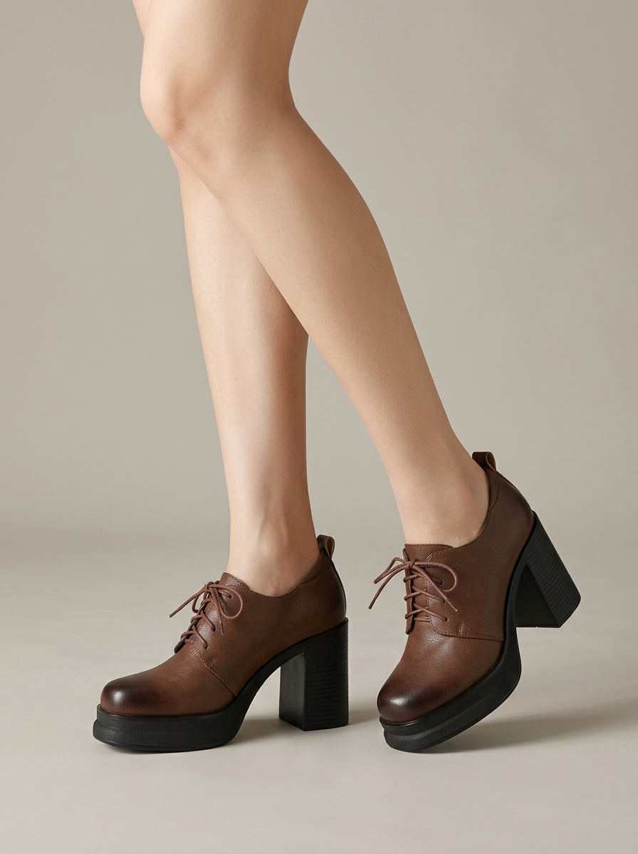 Women's Leather Platform Oxfords with Lace-Up Closure and Block Heel