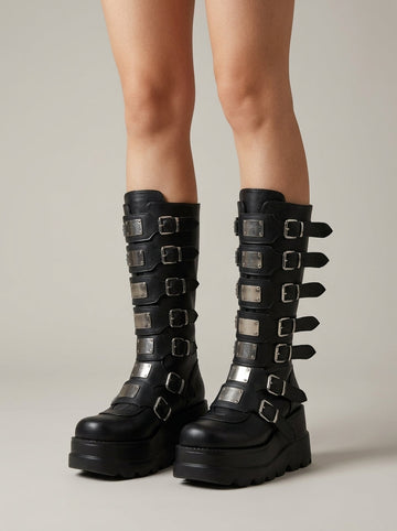 Women's Knee High Platform Boots Multi-Buckle Strap Chunky Sole