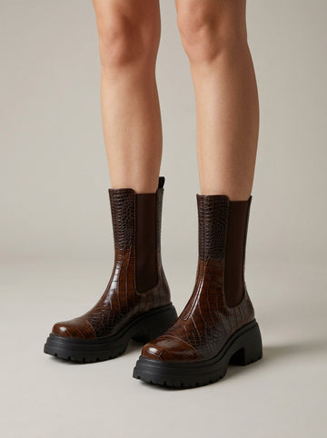Women's Platform Boots Mid-Calf Chelsea Croc-Embossed Lug Sole