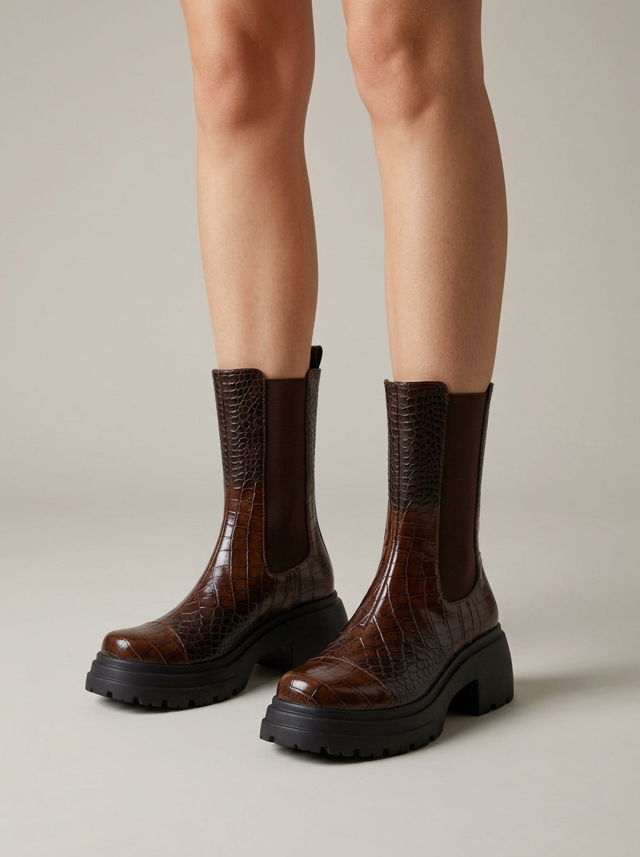 Women's Platform Boots Mid-Calf Chelsea Croc-Embossed Lug Sole