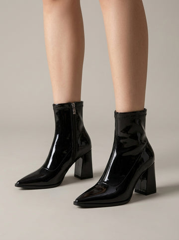 Women's Ankle Boots - Pointed Toe - Block Heel - Side Zip