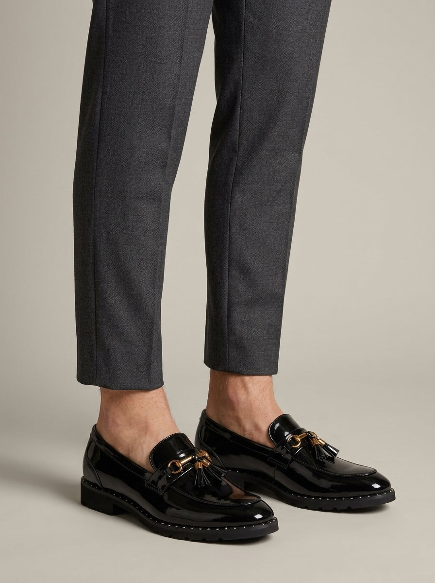 Men's Tassel Loafers with Chain-Link Trim and Studded Sole Edge