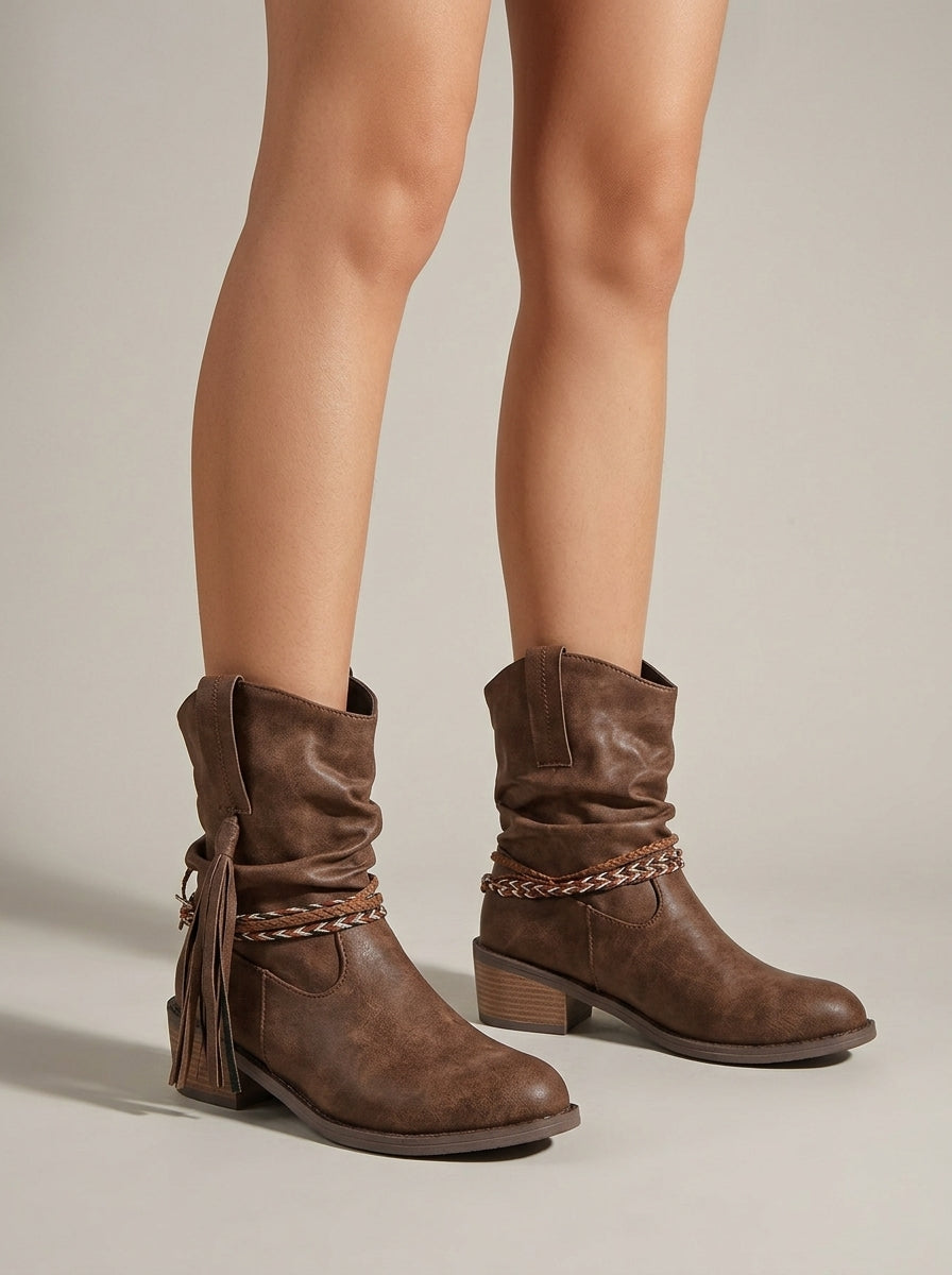 Women's Ankle Boots Slouch Block Heel Side Zip Chain Detail