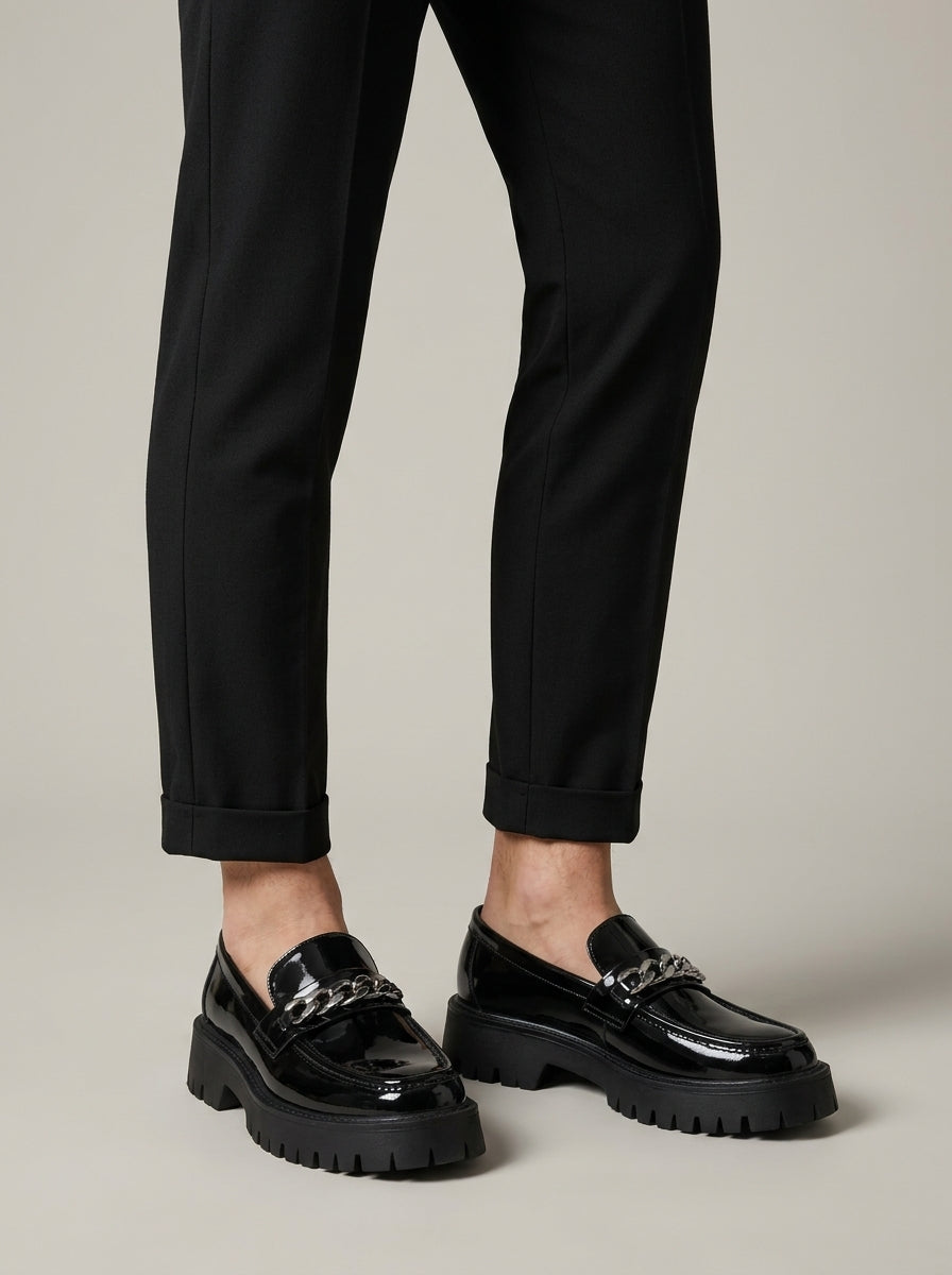 Men’s Patent Platform Loafers with Silver Chain Detail, Round Toe and Lug Sole