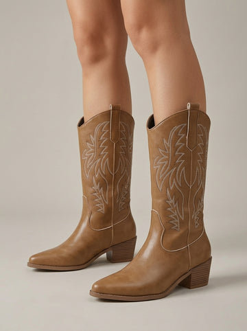 Women's Mid-Calf Western Boots - Pointed Toe - Block Heel - Embroidered