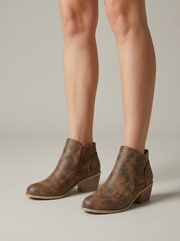 Women's Ankle Boots Block Heel Laser-Cut Side Zip