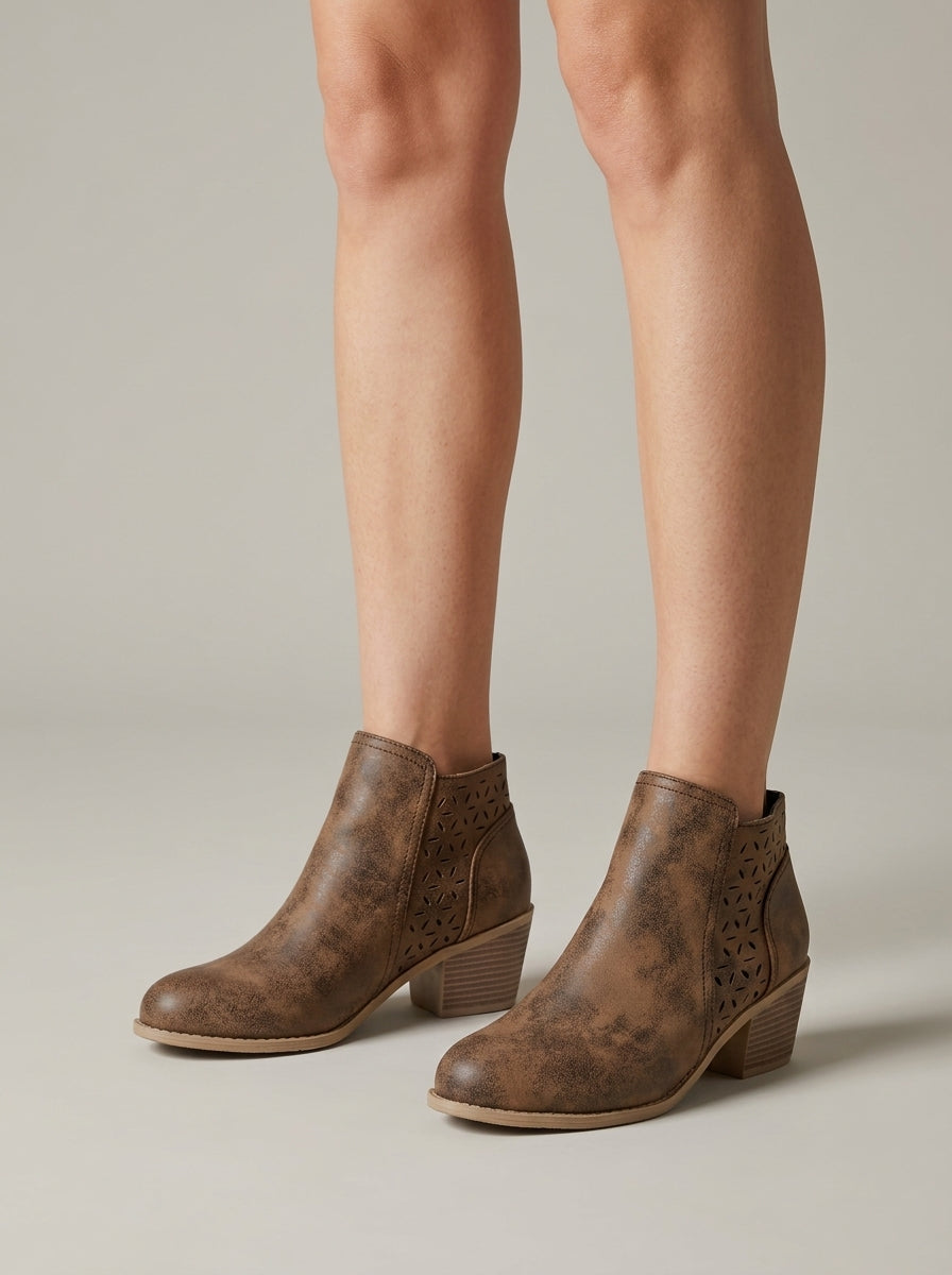 Women's Ankle Boots Block Heel Laser-Cut Side Zip