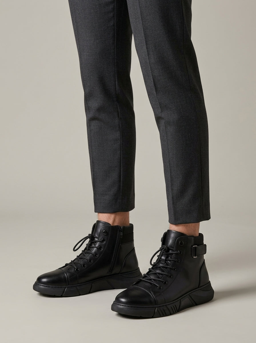 Men's High-Top Sneakers Leather Lace-Up Ankle Buckle Strap