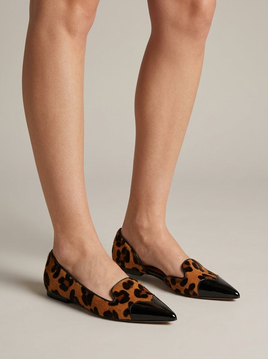 Women's Loafers Pointed Toe Leopard Print Slip-On Patent Cap Toe