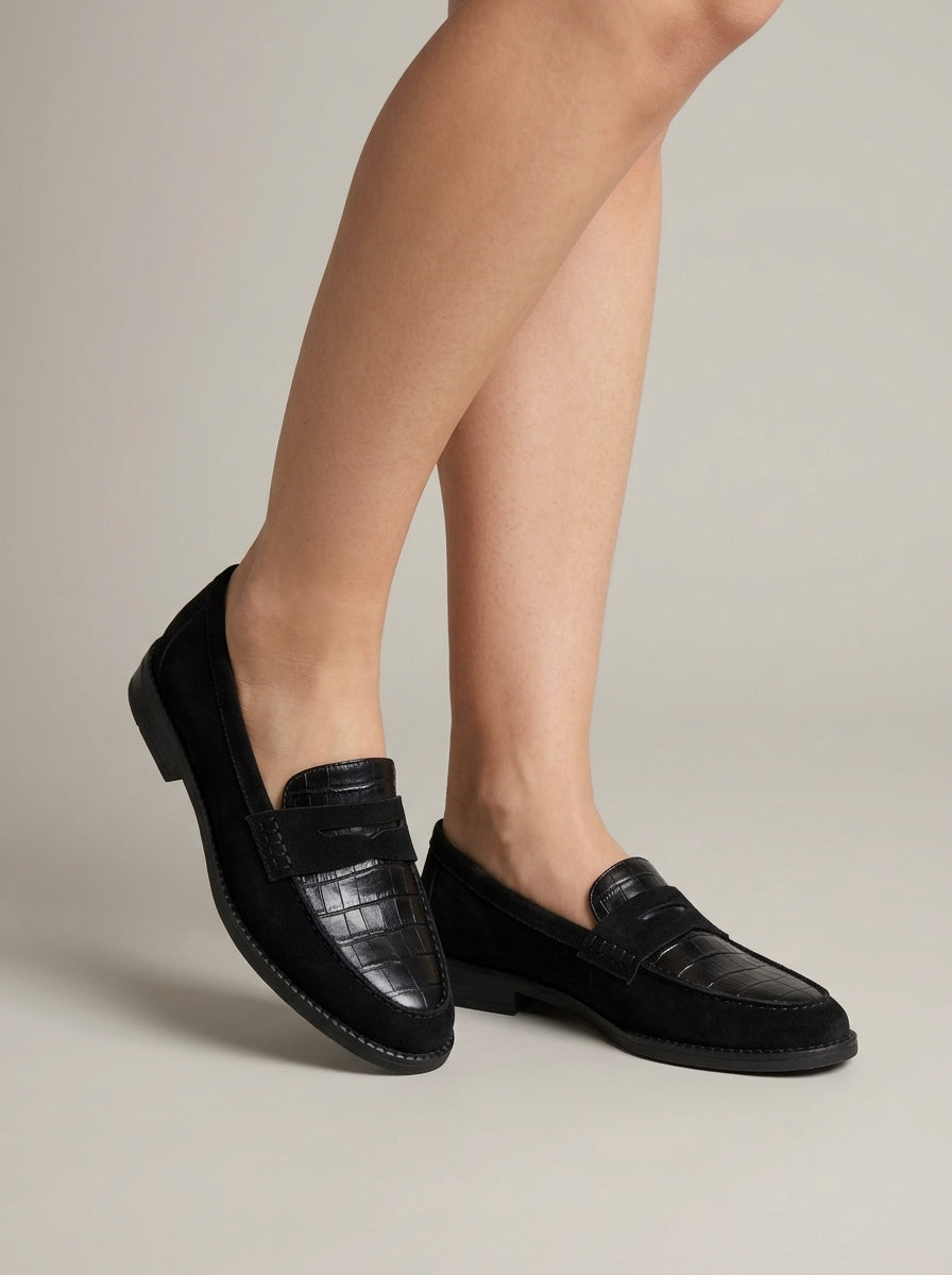 Women's Penny Loafers Slip-On Croc-Embossed Leather Panel Flat