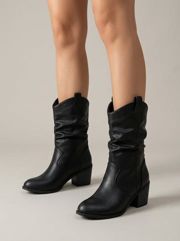 Women's Boots Mid-Calf Slouch Block Heel Pull-On Western